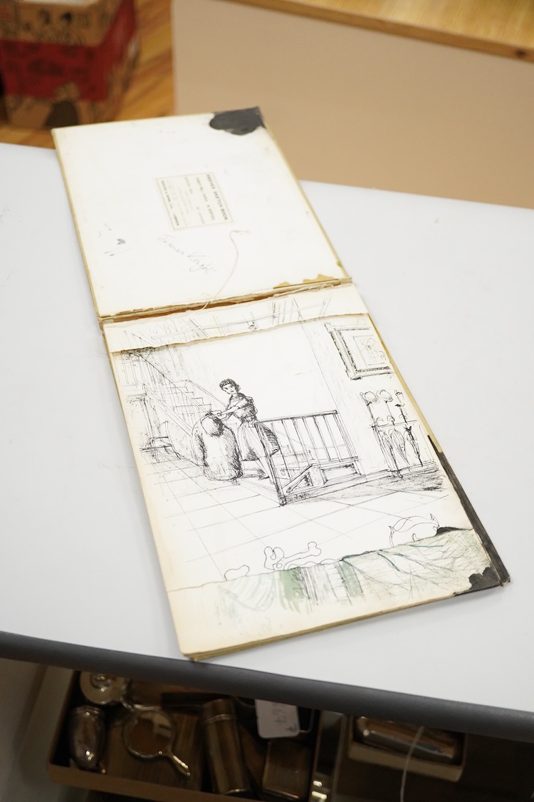James Knight, a 20th century architect's sketch book to include a panoramic view of Dover and various other landscapes and figural studies, ink and watercolours, 18 x 25cm